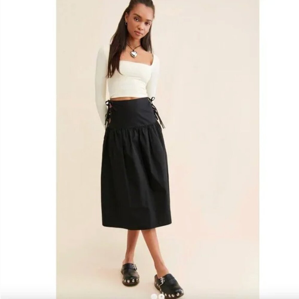 Allina Liu Break Skirt S Onyx Black Midi Tie Sides Lining Cotton Boho - Picture 2 of 7